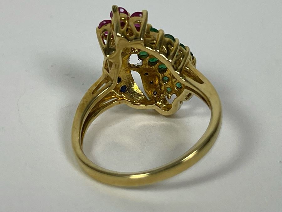 10K Gold Ruby Emerald Sapphire Diamond Ring Size 7.25 3.6g [Photo 13]