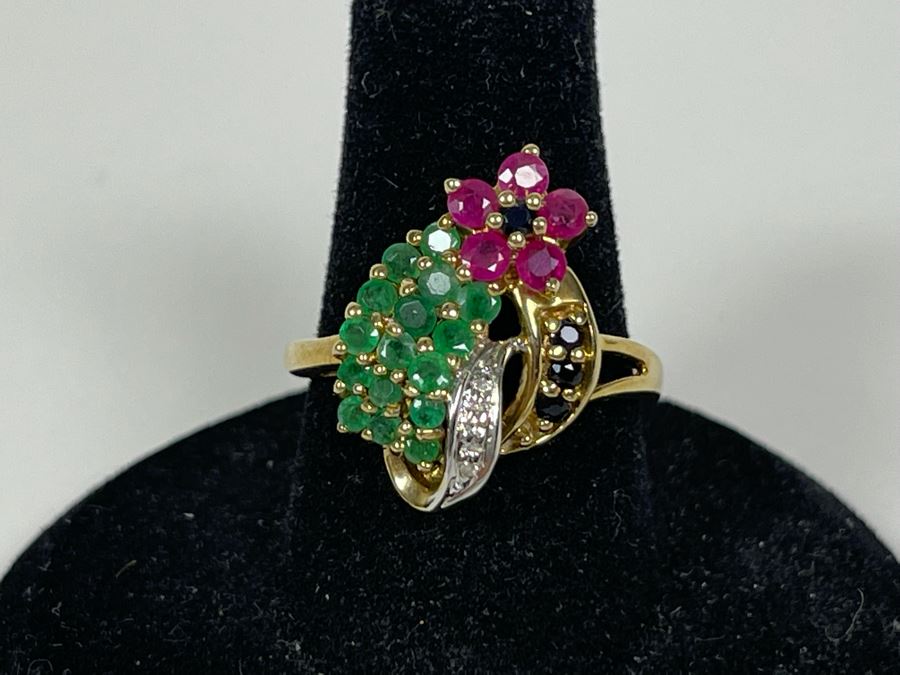 10K Gold Ruby Emerald Sapphire Diamond Ring Size 7.25 3.6g [Photo 9]