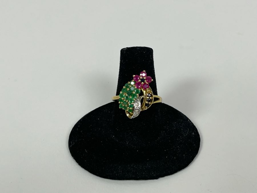 10K Gold Ruby Emerald Sapphire Diamond Ring Size 7.25 3.6g [Photo 4]