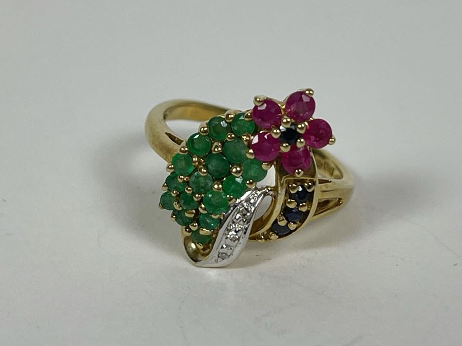 10K Gold Ruby Emerald Sapphire Diamond Ring Size 7.25 3.6g [Photo 10]