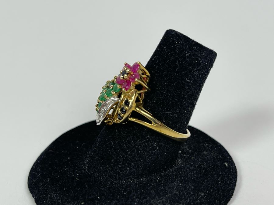 10K Gold Ruby Emerald Sapphire Diamond Ring Size 7.25 3.6g [Photo 7]