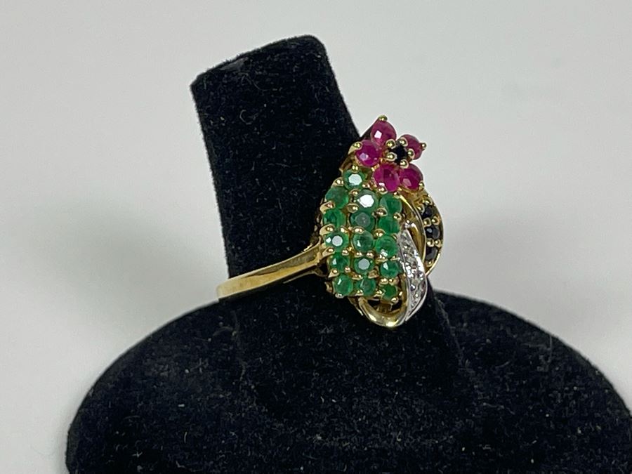 10K Gold Ruby Emerald Sapphire Diamond Ring Size 7.25 3.6g [Photo 3]