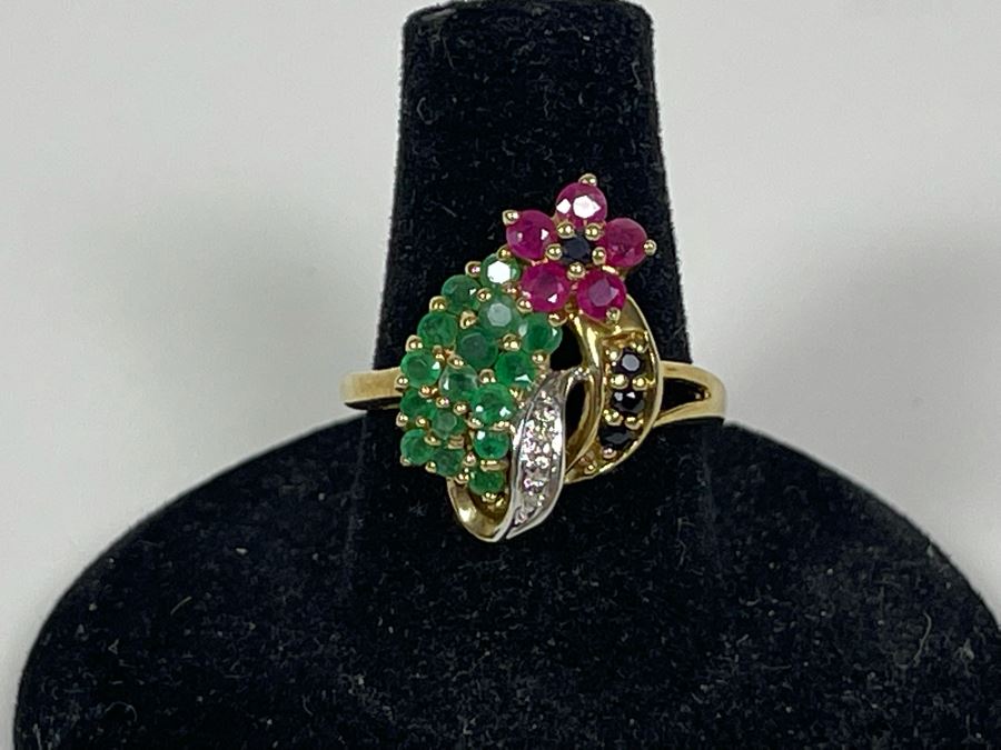 10K Gold Ruby Emerald Sapphire Diamond Ring Size 7.25 3.6g [Photo 1]