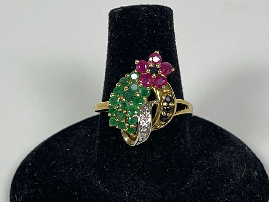 10K Gold Ruby Emerald Sapphire Diamond Ring Size 7.25 3.6g [Photo 2]
