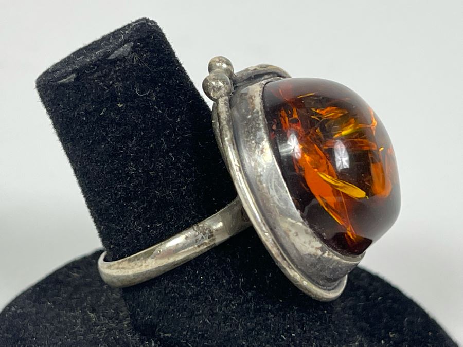 Vintage Sterling Silver Amber Ring Size 7.5 8.7g [Photo 6]