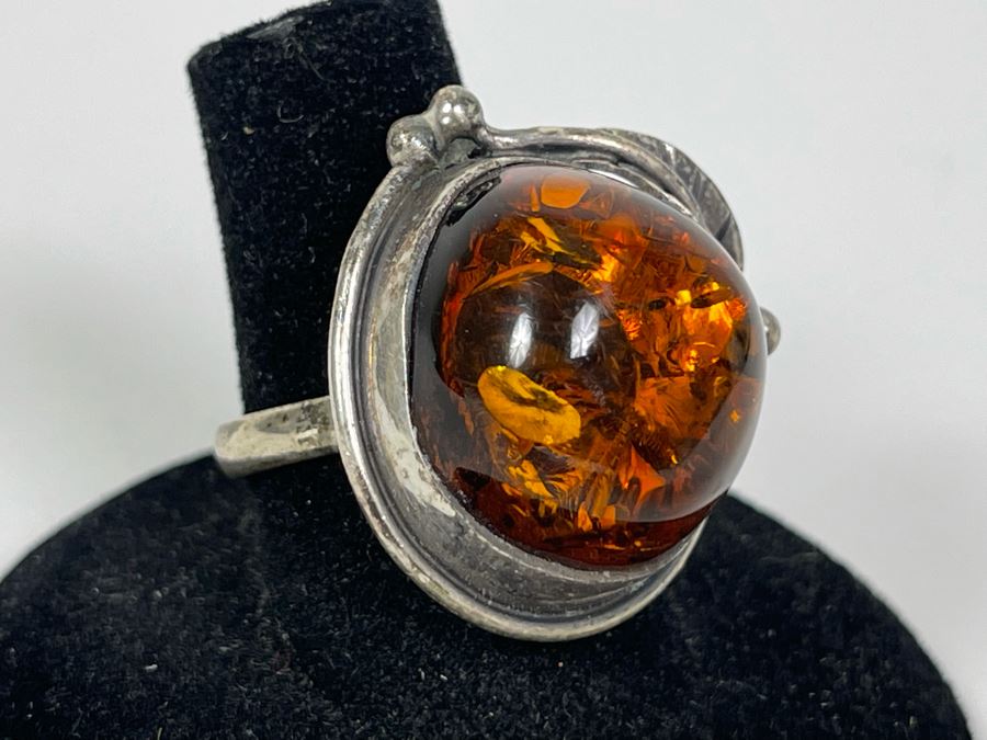 Vintage Sterling Silver Amber Ring Size 7.5 8.7g [Photo 7]