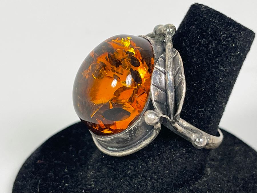 Vintage Sterling Silver Amber Ring Size 7.5 8.7g