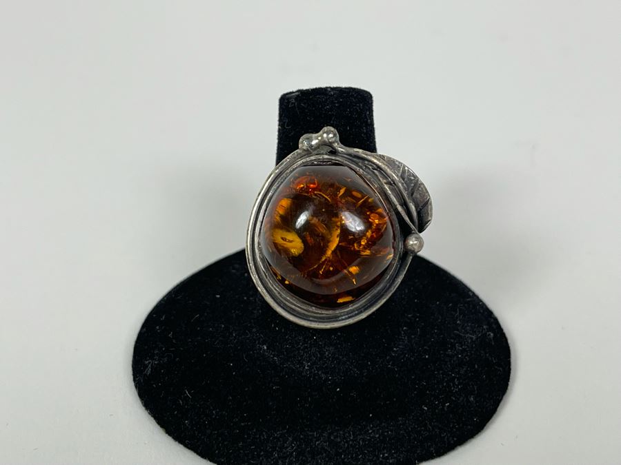 Vintage Sterling Silver Amber Ring Size 7.5 8.7g [Photo 4]