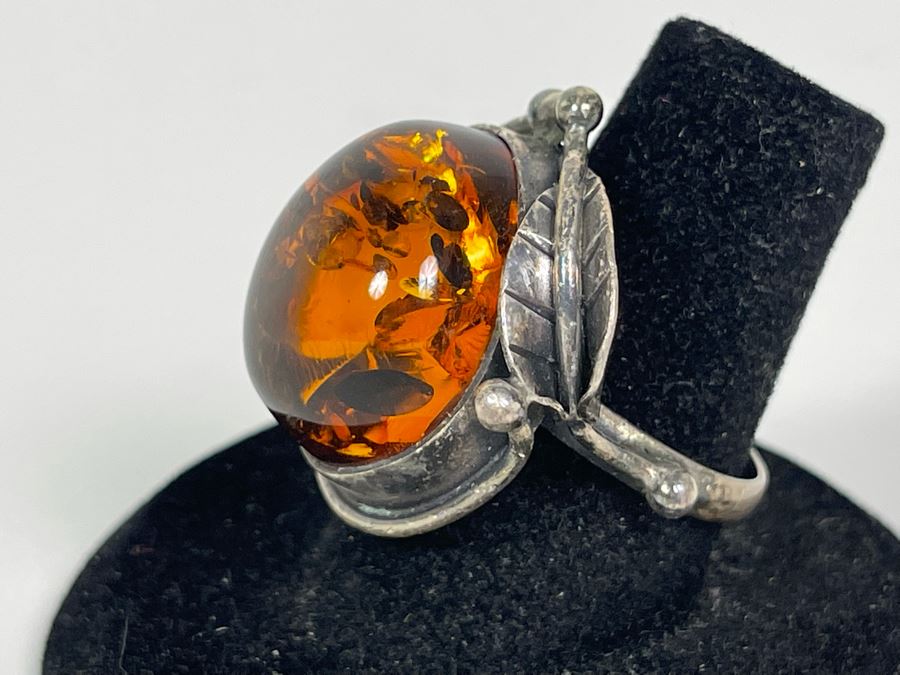 Vintage Sterling Silver Amber Ring Size 7.5 8.7g [Photo 2]