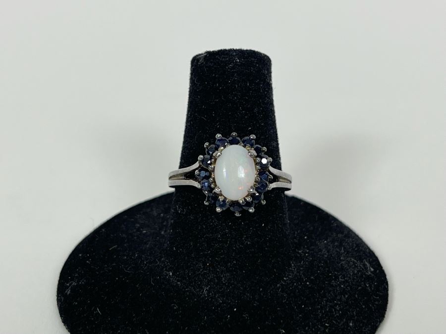 Vintage Sterling Silver Opal And Sapphire Ring Size 7.25 2.8g [Photo 8]