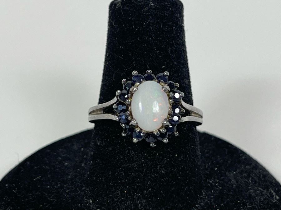 Vintage Sterling Silver Opal And Sapphire Ring Size 7.25 2.8g [Photo 2]