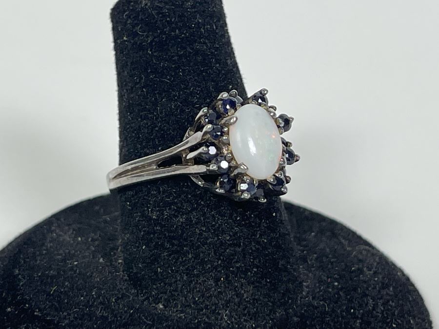 Vintage Sterling Silver Opal And Sapphire Ring Size 7.25 2.8g [Photo 5]