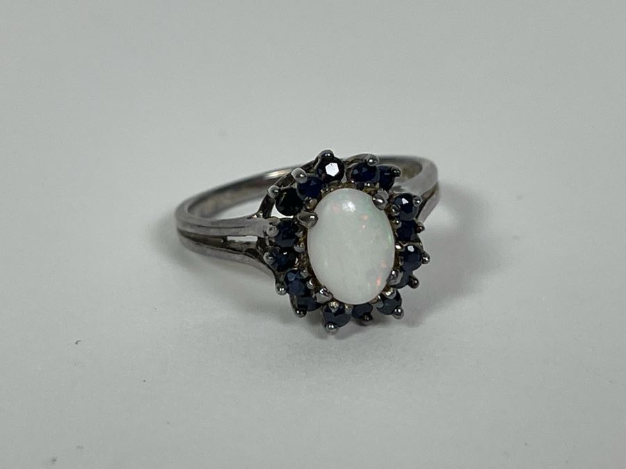 Vintage Sterling Silver Opal And Sapphire Ring Size 7.25 2.8g [Photo 9]