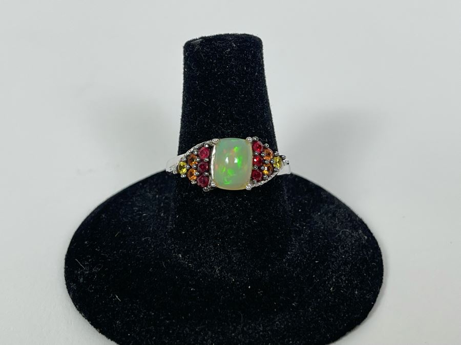 Sterling Silver Opal And Sapphire Ring Size 7.5 2.9g [Photo 6]