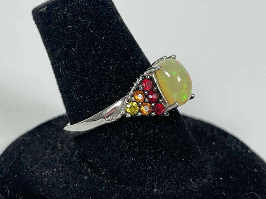 Sterling Silver Opal And Sapphire Ring Size 7.5 2.9g [Photo 2]