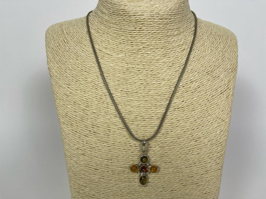 Sterling Silver Amber Cross Pendant With Sterling Silver 18' Necklace 12.4g [Photo 7]