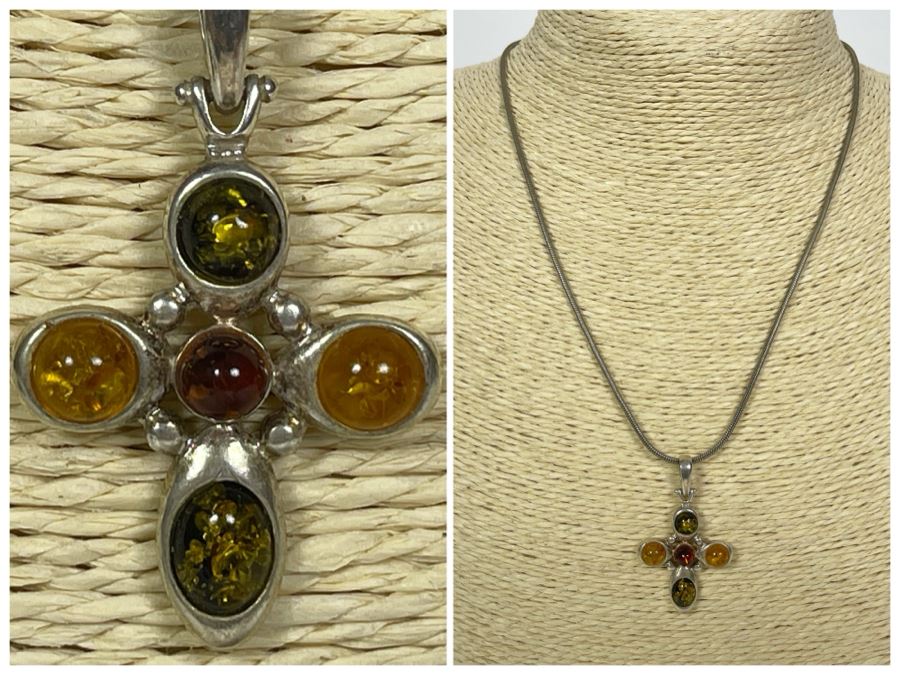 Sterling Silver Amber Cross Pendant With Sterling Silver 18' Necklace 12.4g