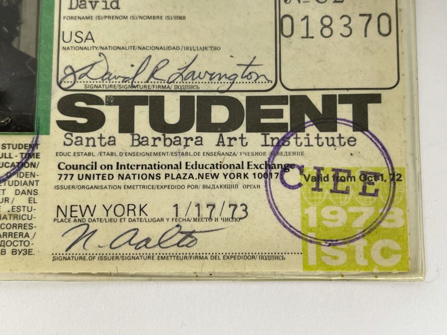 David Lavington (American, 1951–1995) 1973 Santa Barbara Art Institute Student ID Card Of David Lavington [Photo 3]