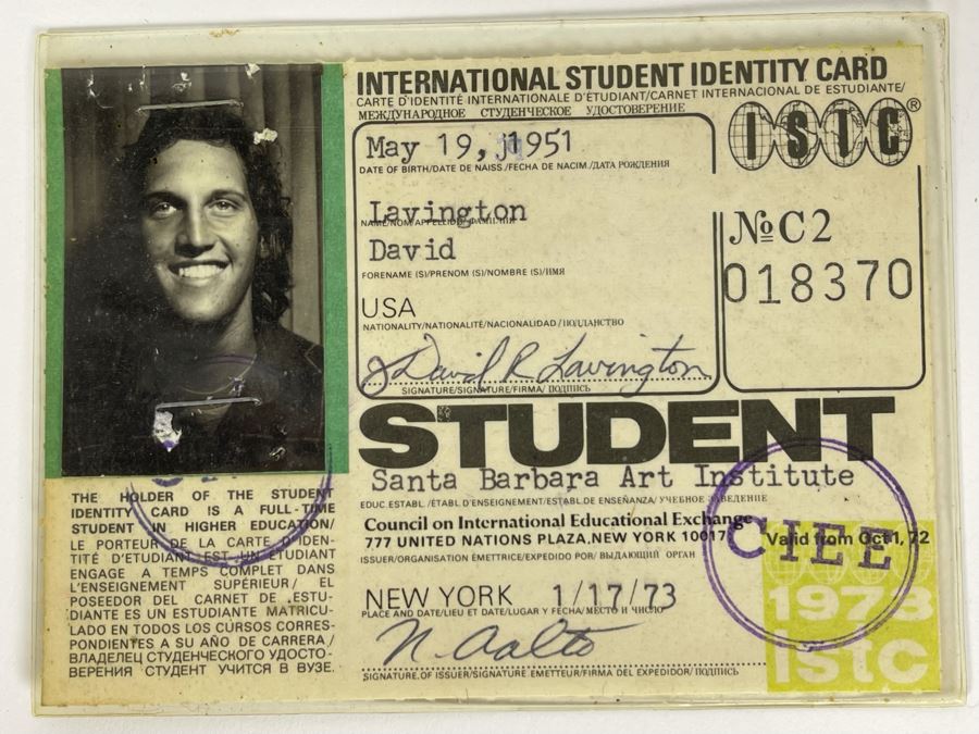 David Lavington (American, 1951–1995) 1973 Santa Barbara Art Institute Student ID Card Of David Lavington [Photo 1]