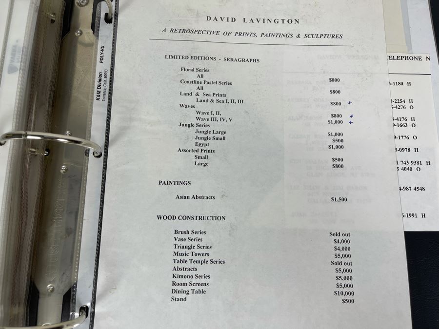 David Lavington (American, 1951–1995) David Lavington's Portfolio Binder Of His Artwork Including Seragraphs And Sculptures With Price Sheet And Artist Biography [Photo 2]