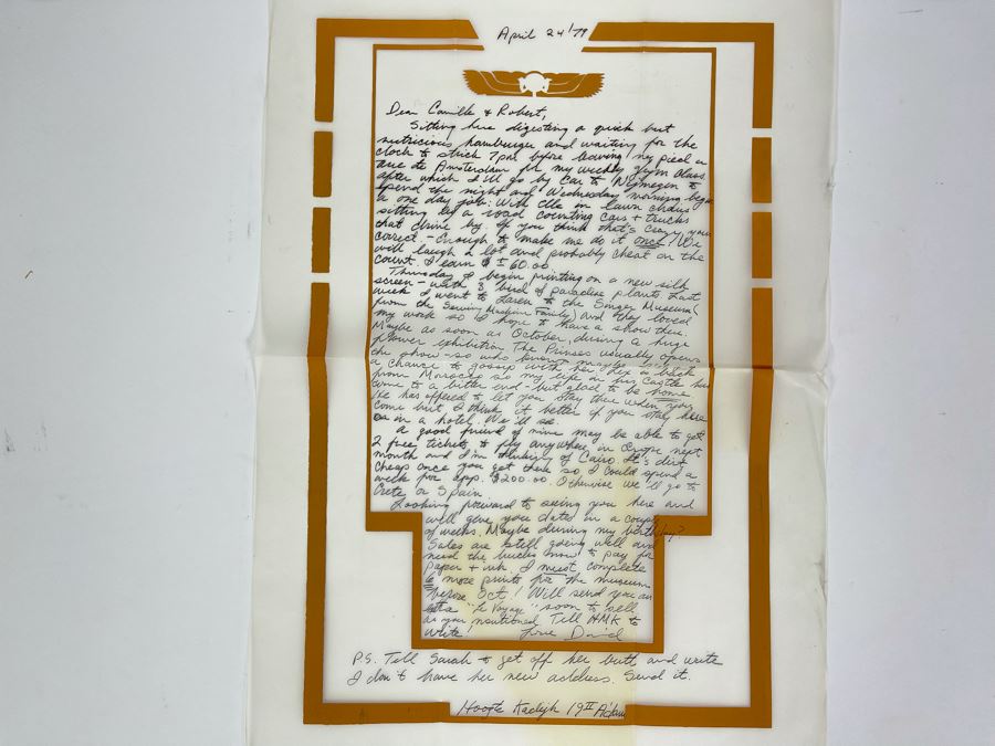 David Lavington (American, 1951–1995) Personal Handwritten Letter By David Lavington On His Handmade Artist Paper 11.5 X 16