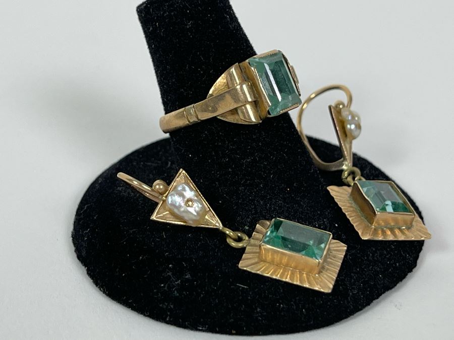 10K Gold Synthetic Spinel Ring Size 6.25 3g With Matching 10K Gold Earrings (FE) FMV $220 Retail $660 [Photo 4]