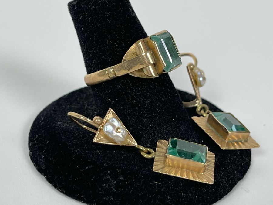 10K Gold Synthetic Spinel Ring Size 6.25 3g With Matching 10K Gold Earrings (FE) FMV $220 Retail $660 [Photo 5]