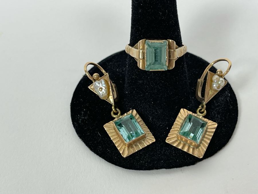 10K Gold Synthetic Spinel Ring Size 6.25 3g With Matching 10K Gold Earrings (FE) FMV $220 Retail $660 [Photo 3]