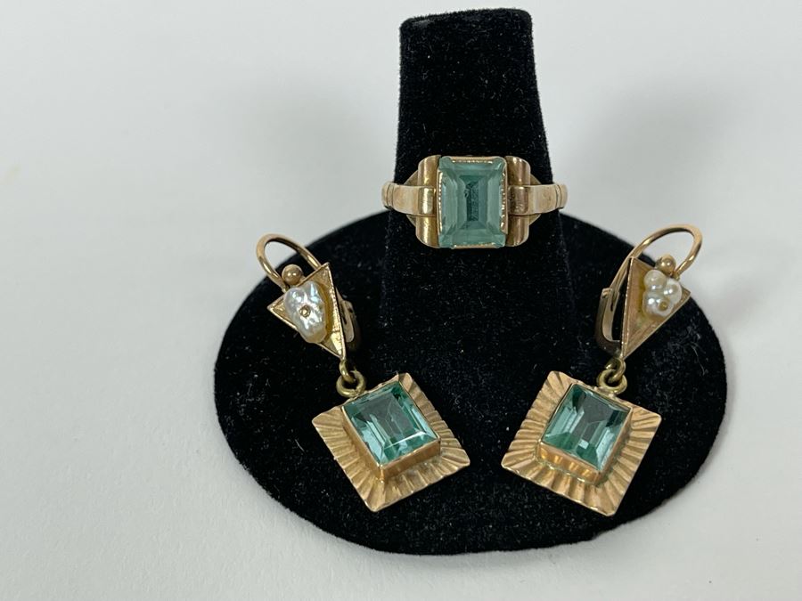 10K Gold Synthetic Spinel Ring Size 6.25 3g With Matching 10K Gold Earrings (FE) FMV $220 Retail $660 [Photo 2]