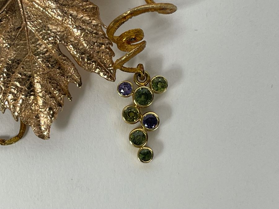 14K Gold Sapphire Grape Vine Signed Pendant With 14K Gold Grape Vine Necklace 26.2g FMV $1,050 Retail $3,150 [Photo 8]
