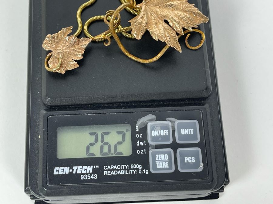 14K Gold Sapphire Grape Vine Signed Pendant With 14K Gold Grape Vine Necklace 26.2g FMV $1,050 Retail $3,150 [Photo 17]