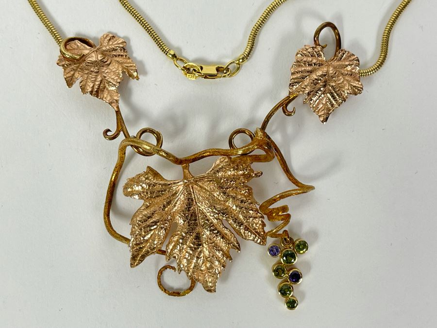 14K Gold Sapphire Grape Vine Signed Pendant With 14K Gold Grape Vine Necklace 26.2g FMV $1,050 Retail $3,150 [Photo 5]