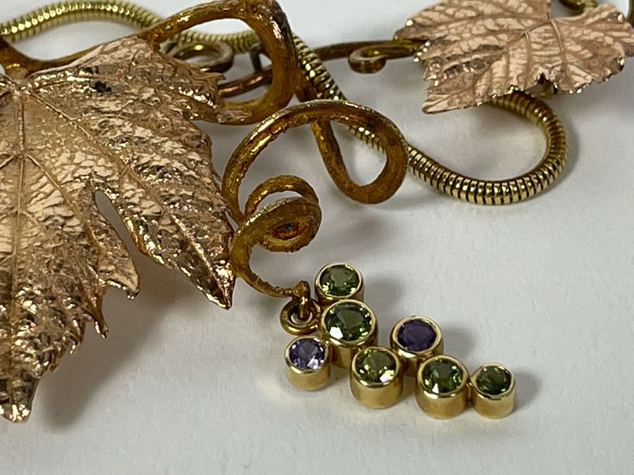 14K Gold Sapphire Grape Vine Signed Pendant With 14K Gold Grape Vine Necklace 26.2g FMV $1,050 Retail $3,150 [Photo 16]
