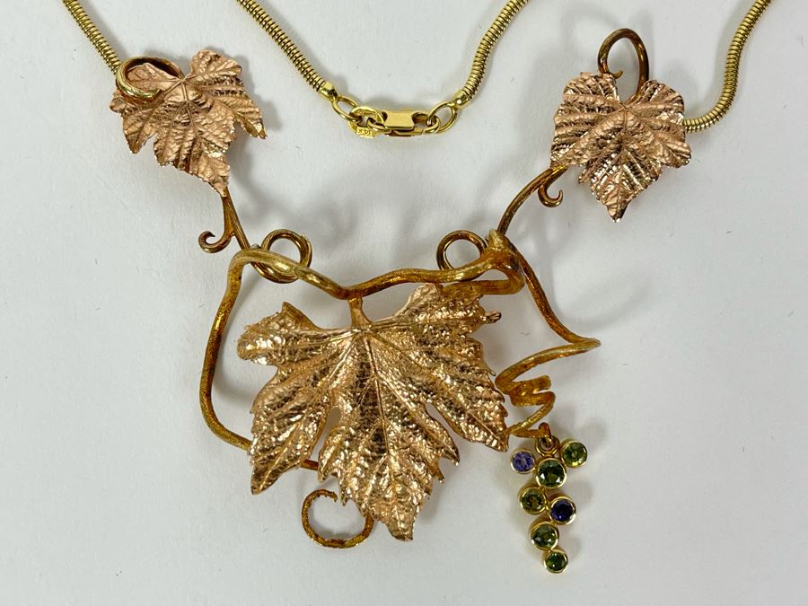 14K Gold Sapphire Grape Vine Signed Pendant With 14K Gold Grape Vine Necklace 26.2g FMV $1,050 Retail $3,150 [Photo 7]
