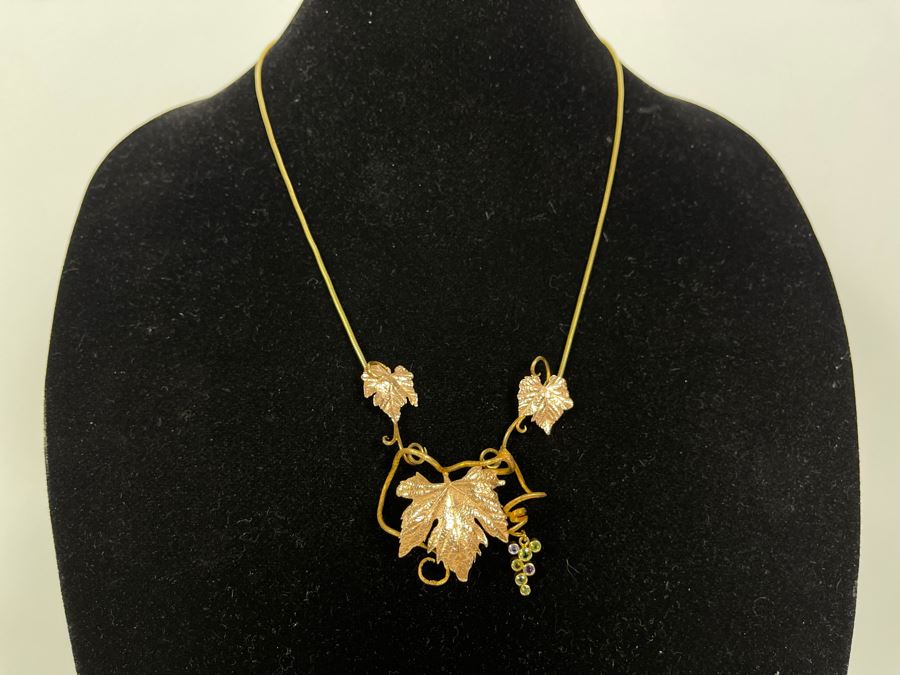 14K Gold Sapphire Grape Vine Signed Pendant With 14K Gold Grape Vine Necklace 26.2g FMV $1,050 Retail $3,150 [Photo 2]