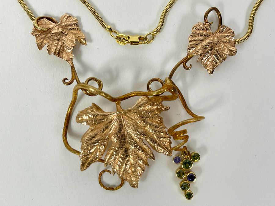 14K Gold Sapphire Grape Vine Signed Pendant With 14K Gold Grape Vine Necklace 26.2g FMV $1,050 Retail $3,150 [Photo 6]