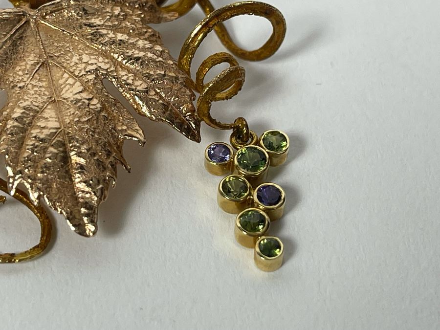 14K Gold Sapphire Grape Vine Signed Pendant With 14K Gold Grape Vine Necklace 26.2g FMV $1,050 Retail $3,150 [Photo 9]