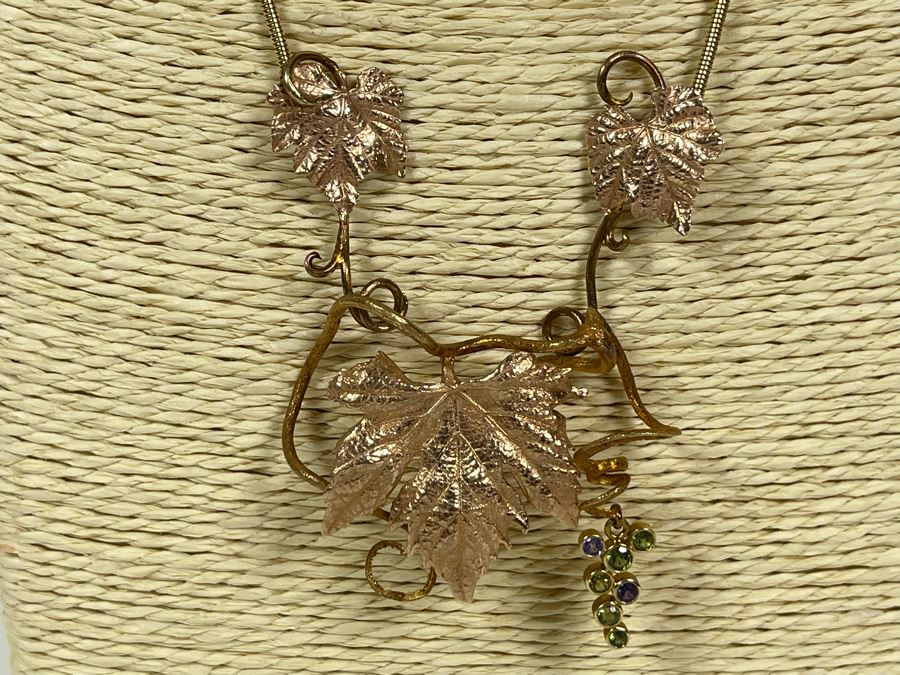 14K Gold Sapphire Grape Vine Signed Pendant With 14K Gold Grape Vine Necklace 26.2g FMV $1,050 Retail $3,150 [Photo 4]