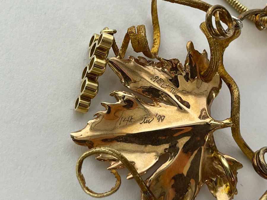 14K Gold Sapphire Grape Vine Signed Pendant With 14K Gold Grape Vine Necklace 26.2g FMV $1,050 Retail $3,150 [Photo 11]