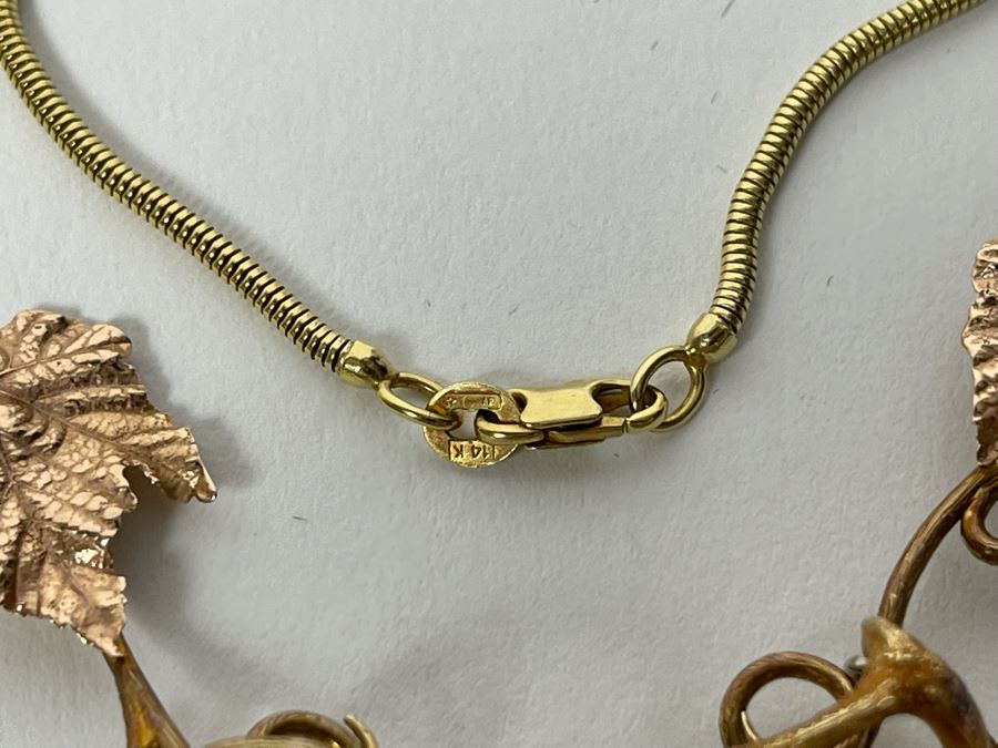 14K Gold Sapphire Grape Vine Signed Pendant With 14K Gold Grape Vine Necklace 26.2g FMV $1,050 Retail $3,150 [Photo 10]
