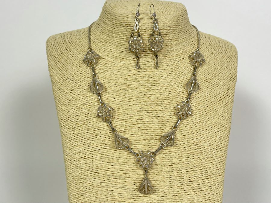 Sterling Silver Filigree 18' Necklace With Matching Earrings 16.7g [Photo 1]