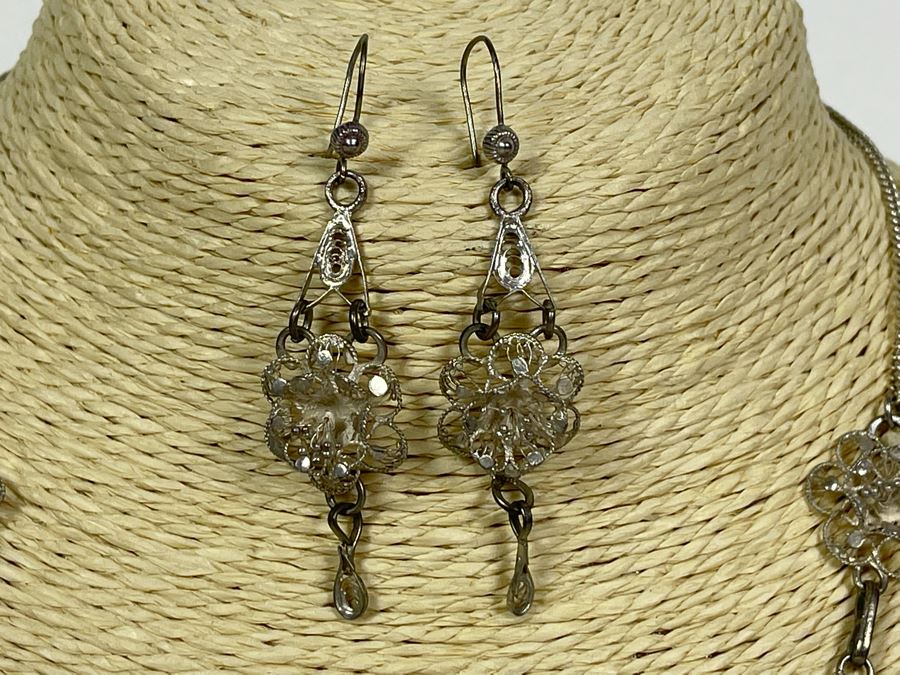 Sterling Silver Filigree 18' Necklace With Matching Earrings 16.7g [Photo 5]