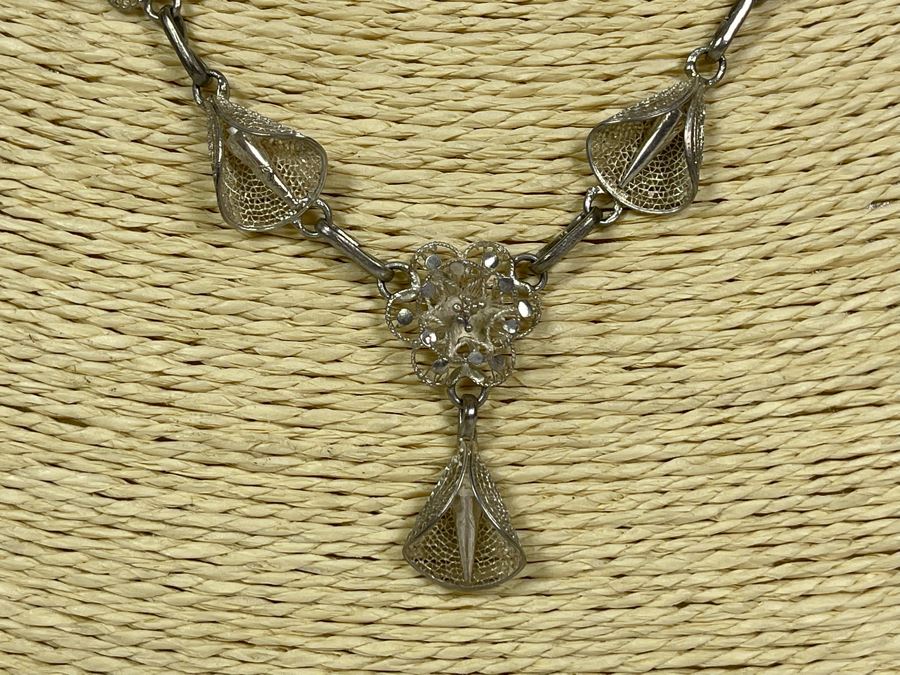 Sterling Silver Filigree 18' Necklace With Matching Earrings 16.7g [Photo 3]