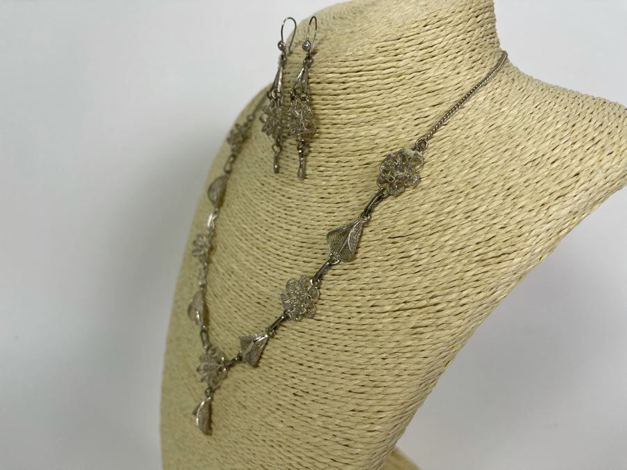 Sterling Silver Filigree 18' Necklace With Matching Earrings 16.7g [Photo 9]