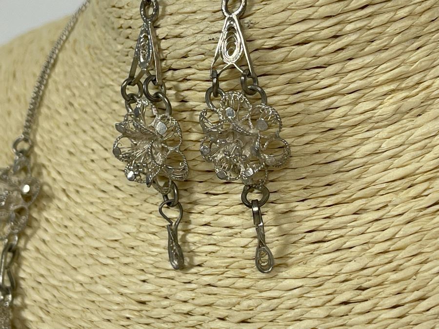 Sterling Silver Filigree 18' Necklace With Matching Earrings 16.7g [Photo 6]