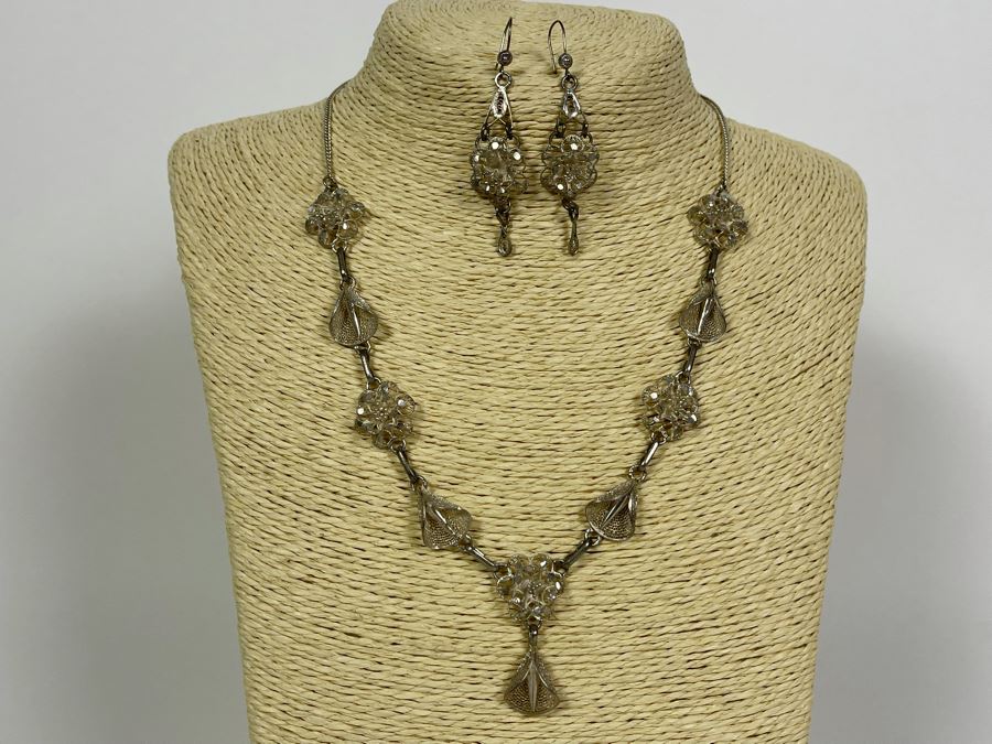 Sterling Silver Filigree 18' Necklace With Matching Earrings 16.7g [Photo 2]