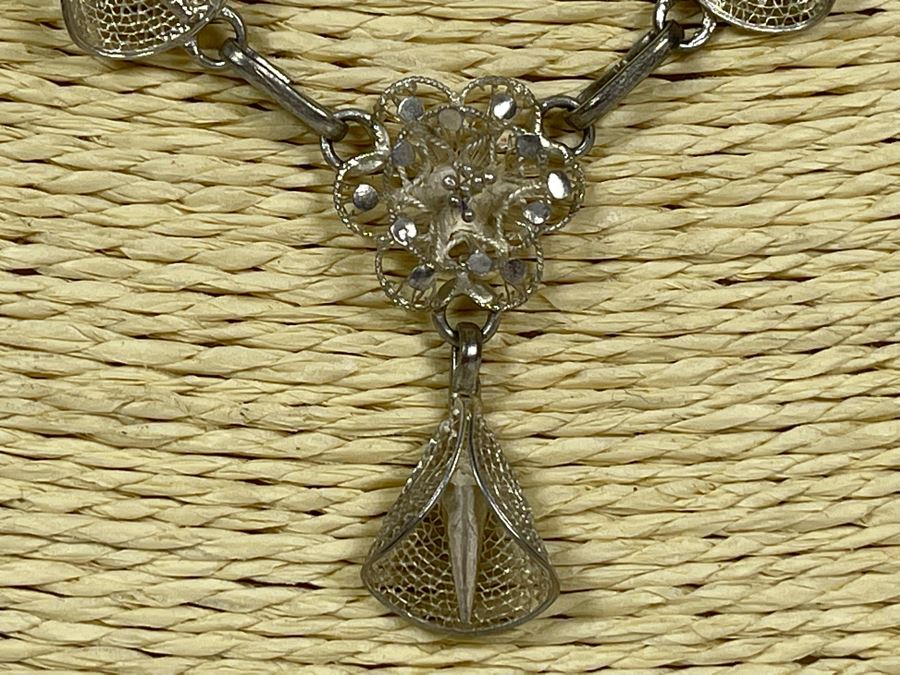Sterling Silver Filigree 18' Necklace With Matching Earrings 16.7g [Photo 4]