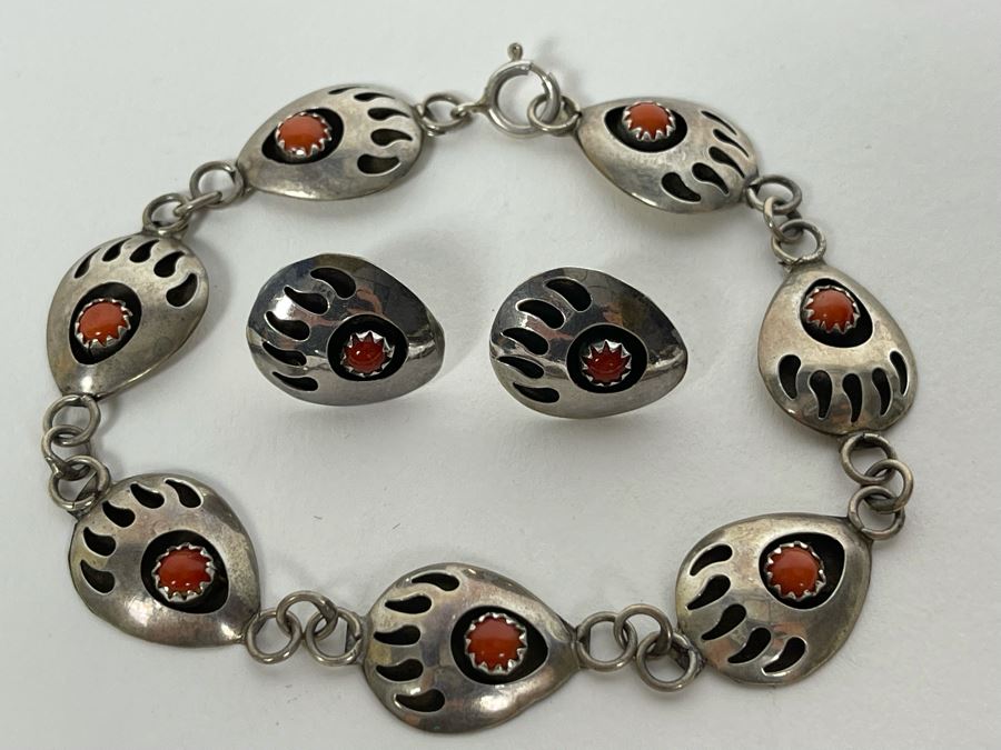 Native American Sterling Silver Coral 18' Necklace With Matching 7' Bracelet And Earrings 25.7g [Photo 7]