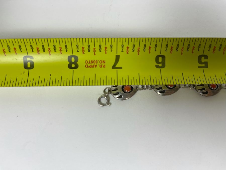 Native American Sterling Silver Coral 18' Necklace With Matching 7' Bracelet And Earrings 25.7g [Photo 11]