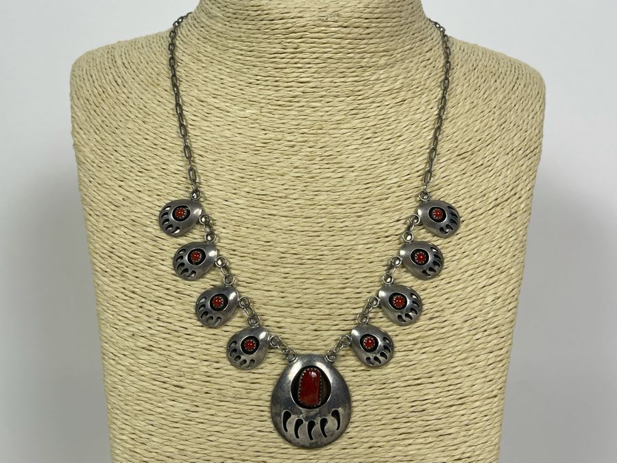 Native American Sterling Silver Coral 18' Necklace With Matching 7' Bracelet And Earrings 25.7g [Photo 3]